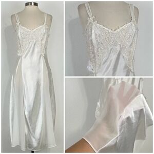 Vintage Dentelle Coquette Whimsical Satin Slip Dress Sz Small Floral Lace Sheer
